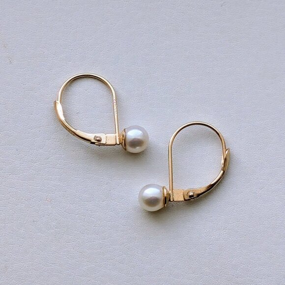 Designer Solid 14K 585 Yellow Gold White Pearl Lever Back Pierced Earrings - Picture 1 of 6